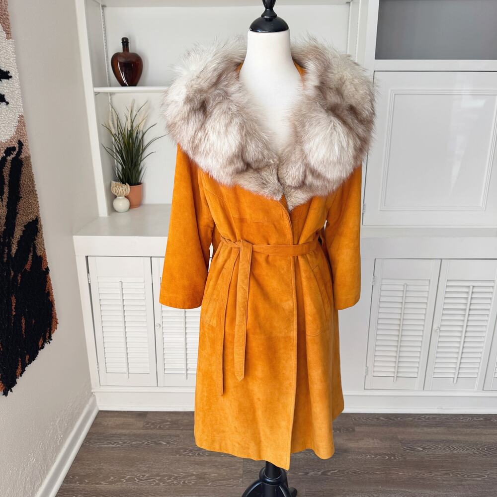 Vintage Rust Burnt Orange Suede Leather Fur Collar Trench Jacket Size M - Picture 3 of 8